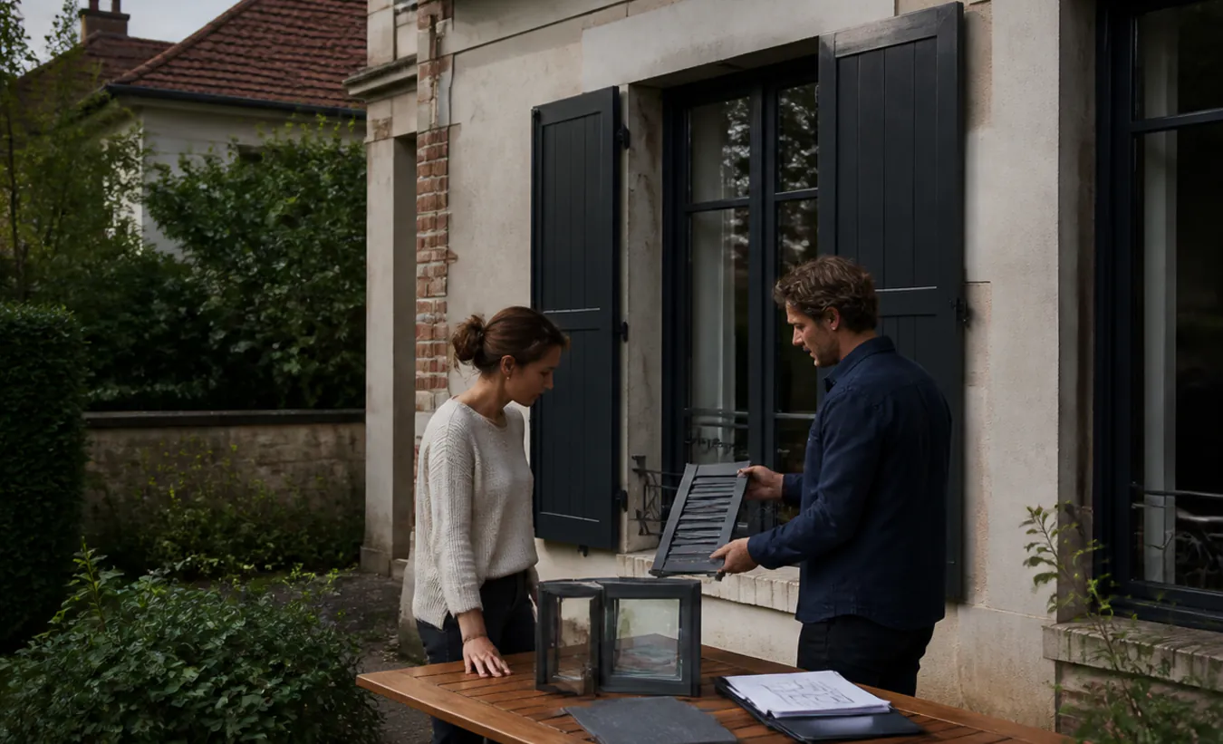 Un architecte et un propriétaire comparent des menuiseries devant une maison francilienne en brique et enduit clair