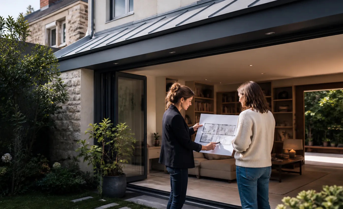 Une architecte et une propriétaire examinent la transformation d'un garage d'une maison d'Île-de-France avec un jardin compact