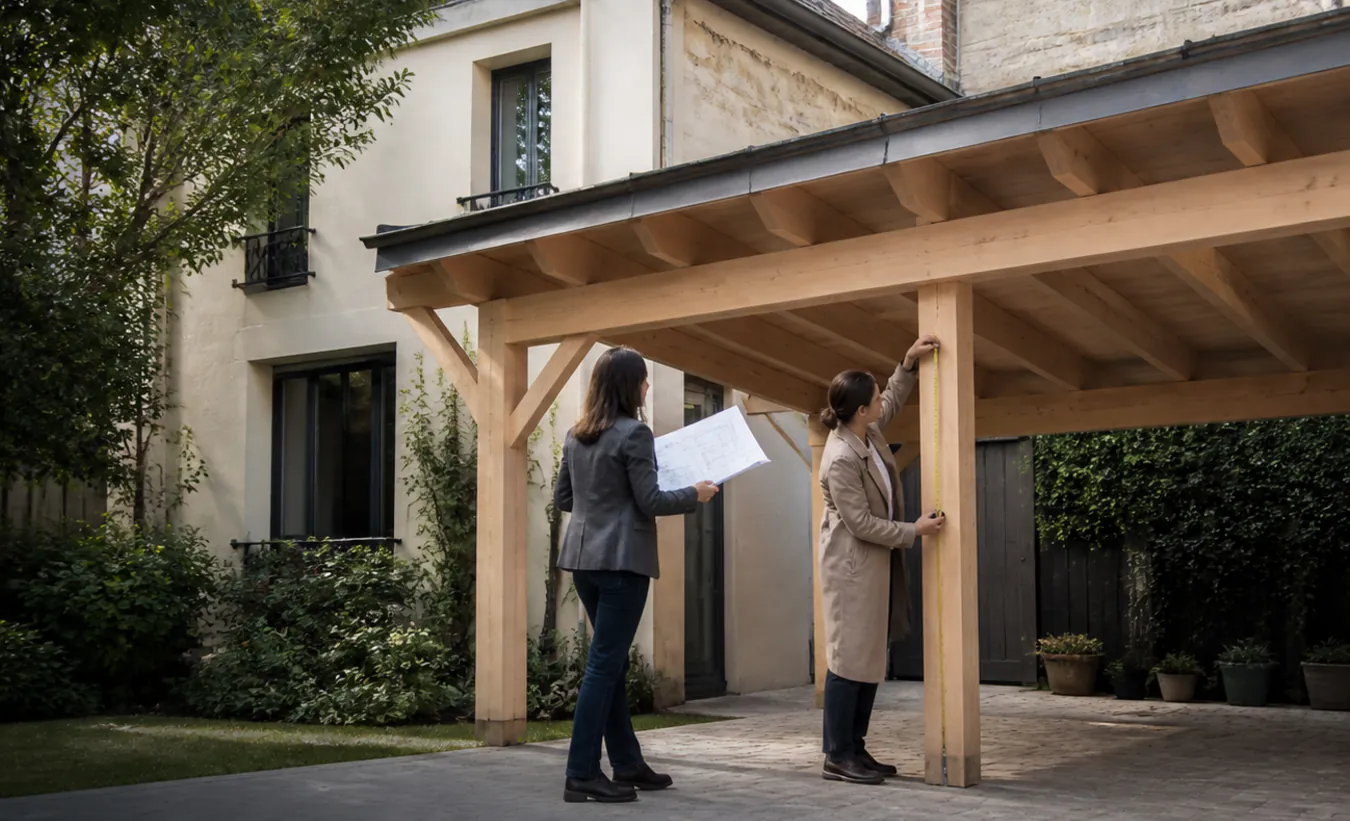 Une architecte et un propriétaire mesurent un carport en bois près d'une maison d'Île-de-France avec un jardin compact