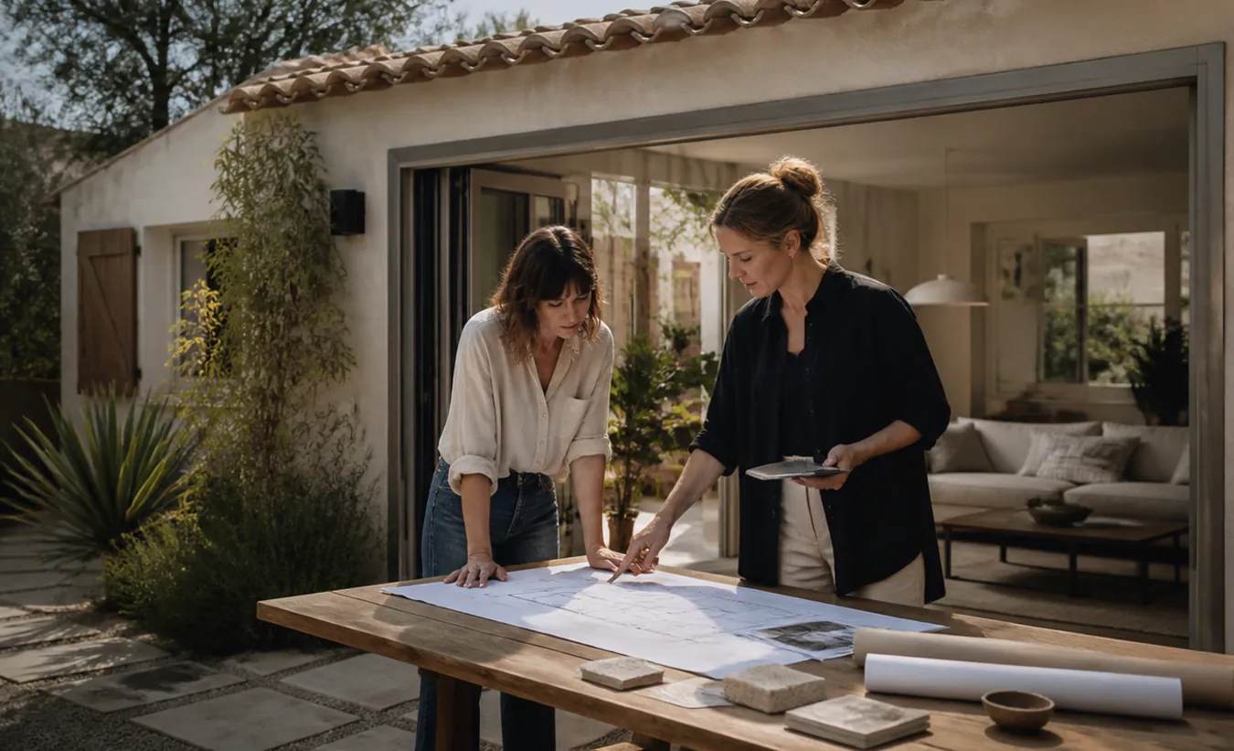 Une architecte et une propriétaire examinent la transformation d'un garage d'une maison méditerranéenne aux tuiles de terre cuite