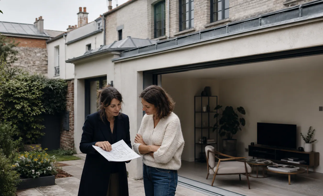 Une architecte et une propriétaire examinent la transformation d'un garage d'une maison francilienne en brique et enduit clair