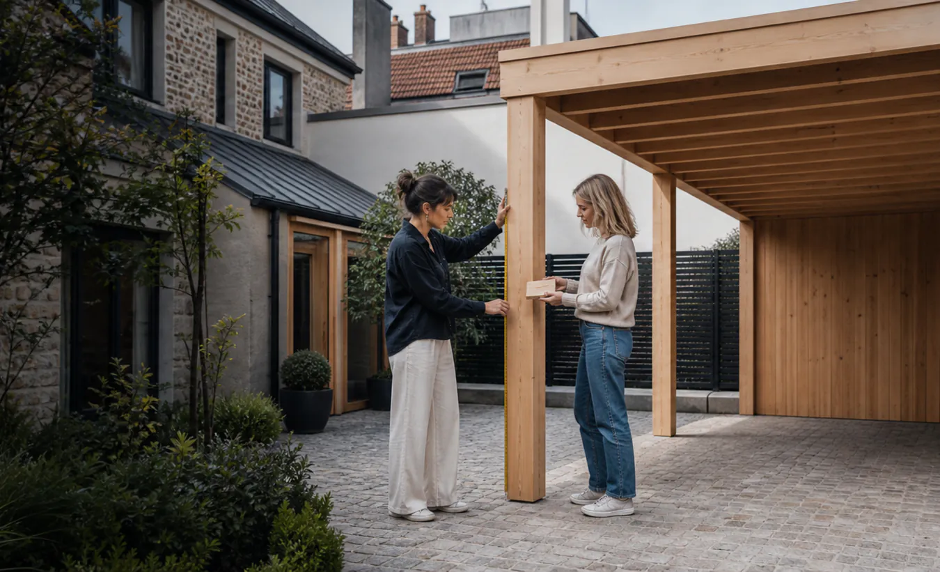 Une architecte et un propriétaire mesurent un carport en bois près d'une maison d'Île-de-France avec un jardin compact