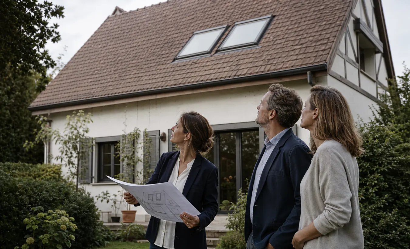 Une architecte montre deux fenêtres de toit alignées à des propriétaires devant une maison à toiture pentue