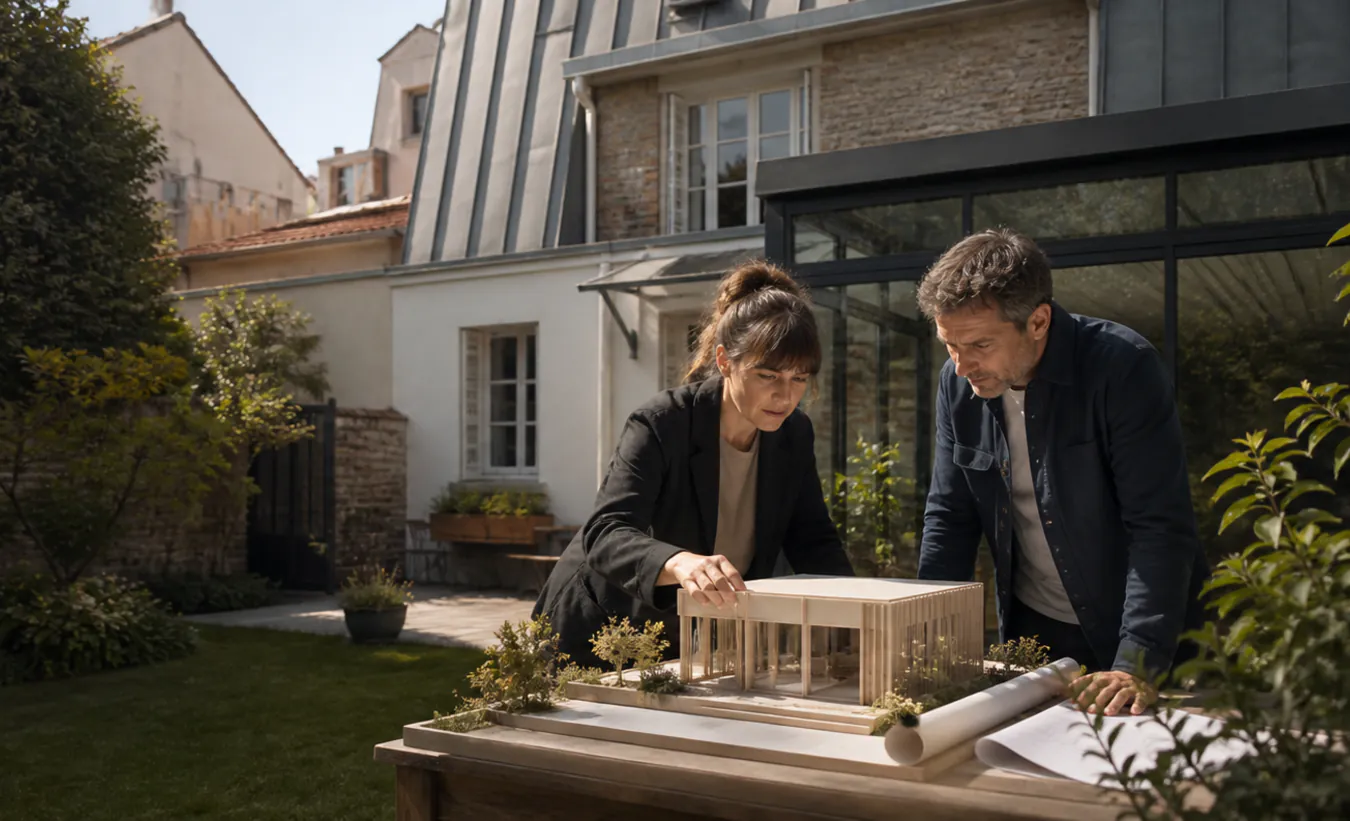 Une architecte et une propriétaire positionnent un abri de jardin près d'une maison d'Île-de-France avec un jardin compact