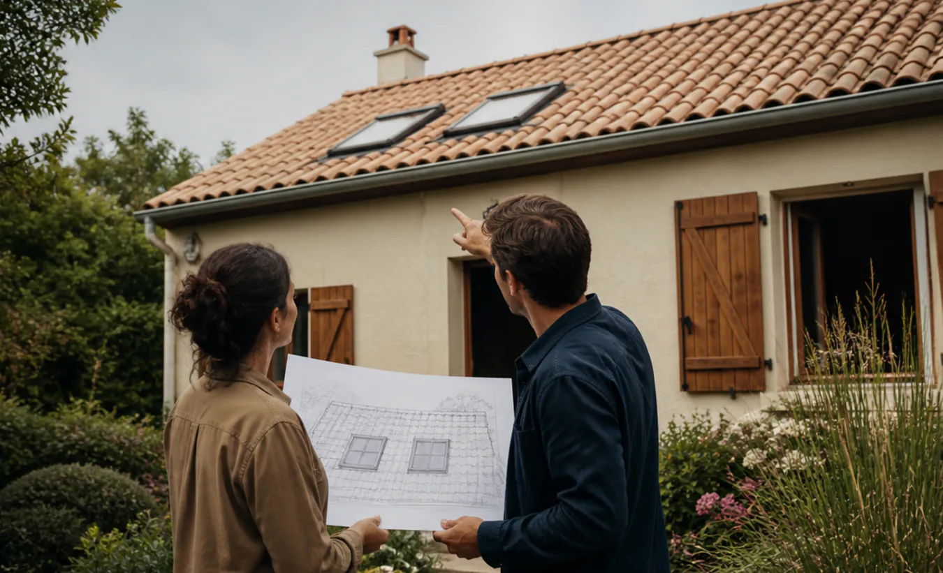 Un architecte et un propriétaire étudient deux fenêtres de toit sur une maison du sud-ouest entourée d'un jardin arboré