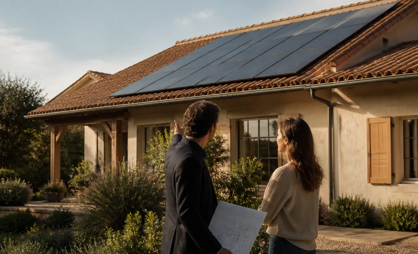 Un architecte et une propriétaire vérifient des panneaux solaires sur une maison du sud-ouest entourée d'un jardin arboré