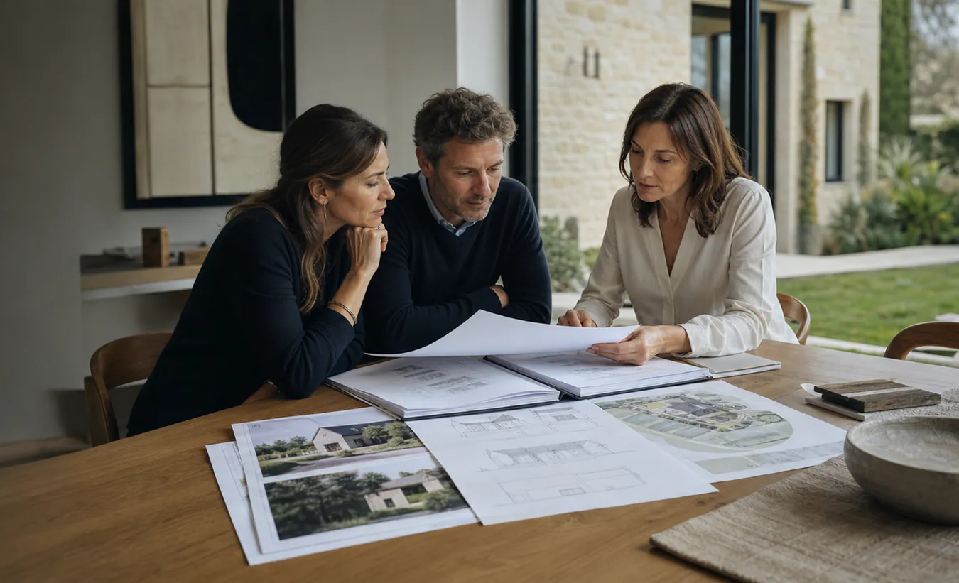 Une architecte et deux propriétaires consultent un dossier de déclaration préalable avec plans et photographies dans une maison française