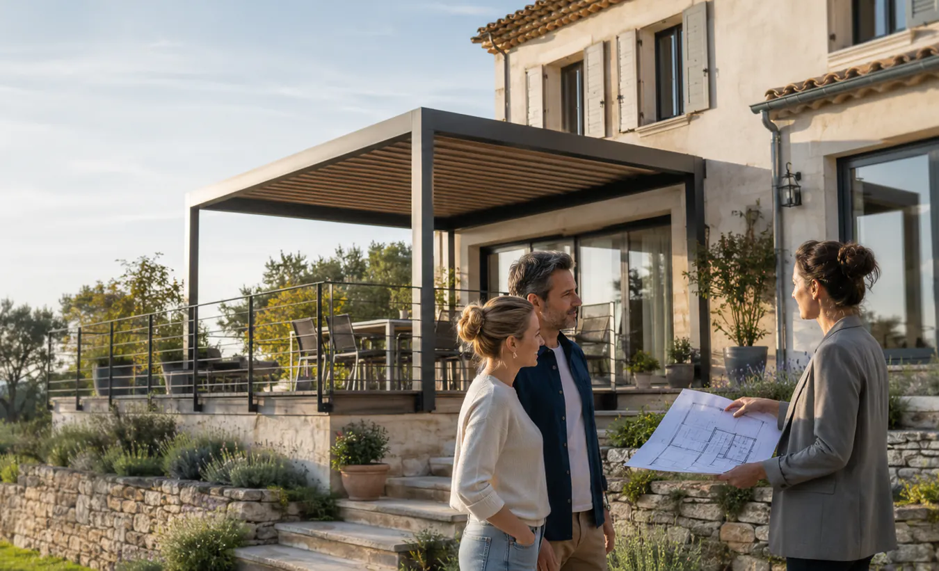 Une terrasse couverte par une pergola bioclimatique, présentée à un couple devant leur maison