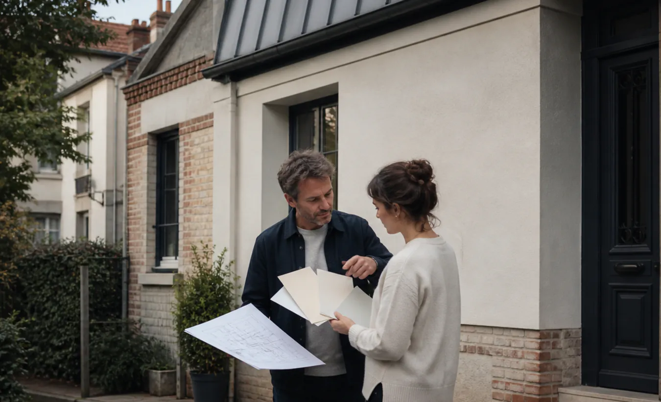 Un architecte et une propriétaire préparent le ravalement d'une maison d'Île-de-France avec un jardin compact