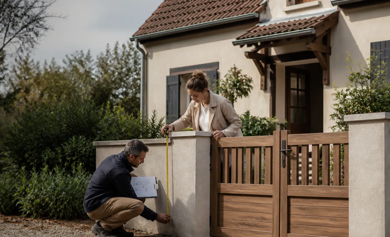 Un architecte et une propriétaire mesurent un projet de clôture devant une maison de l'est au toit de tuiles pentu