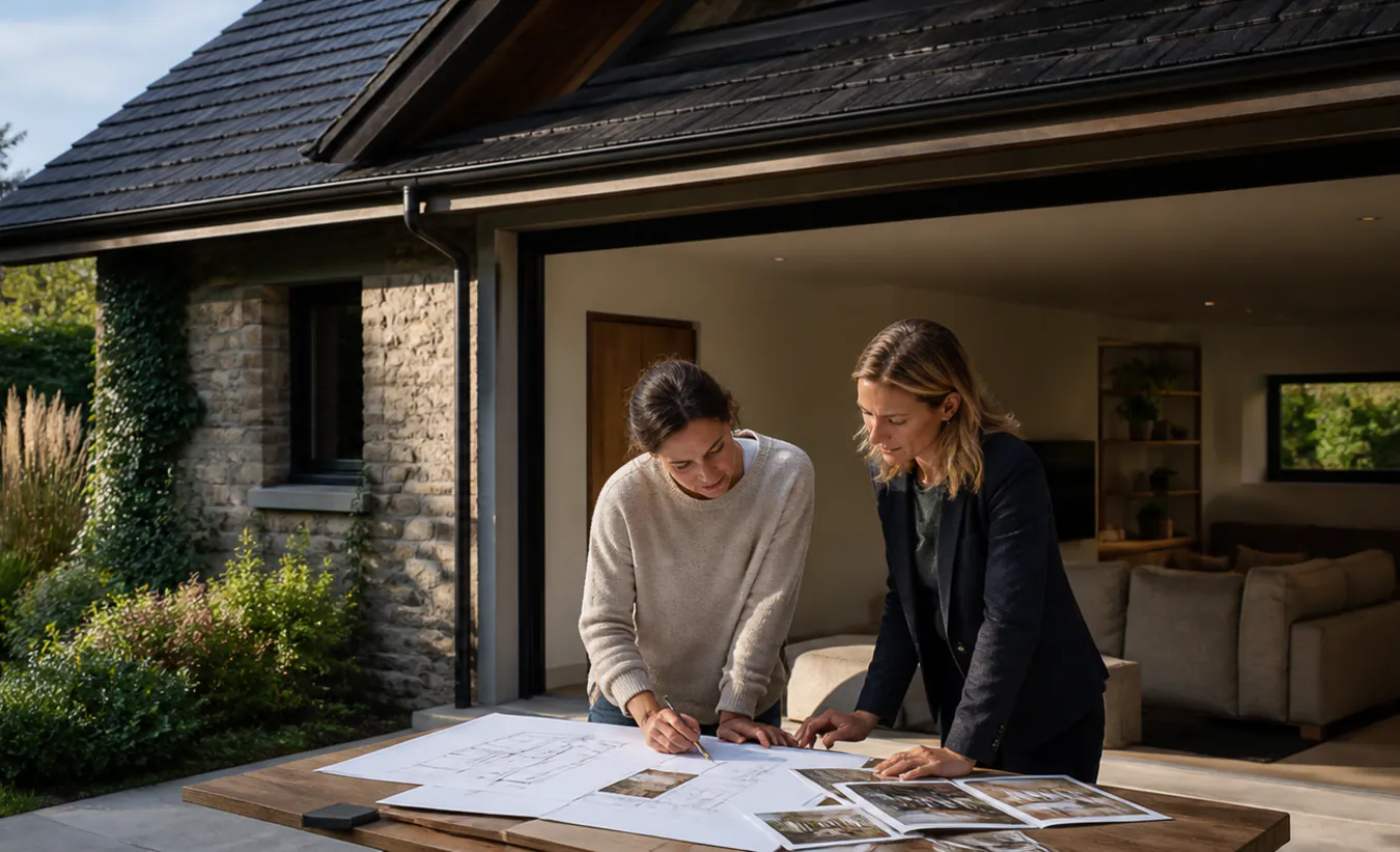 Une architecte et une propriétaire examinent la transformation d'un garage d'une maison des Alpes ou du Jura en pierre et bois