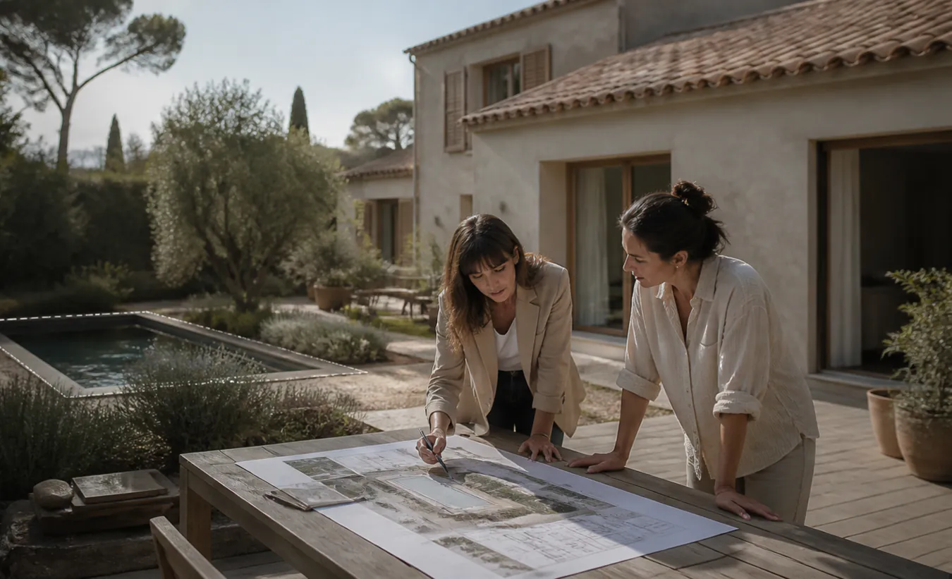 Une architecte et une propriétaire étudient une piscine dans le jardin d'une maison méditerranéenne aux tuiles de terre cuite