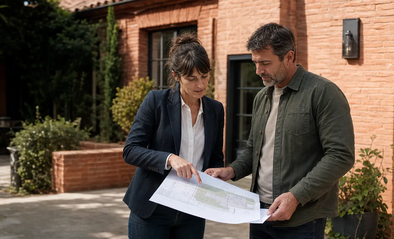 Une urbaniste examine un plan devant une maison en brique et sa cour plantée