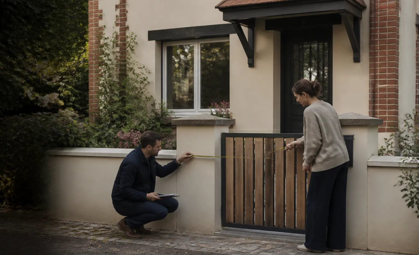 Un architecte et une propriétaire mesurent un projet de clôture devant une maison du nord en brique et enduit clair