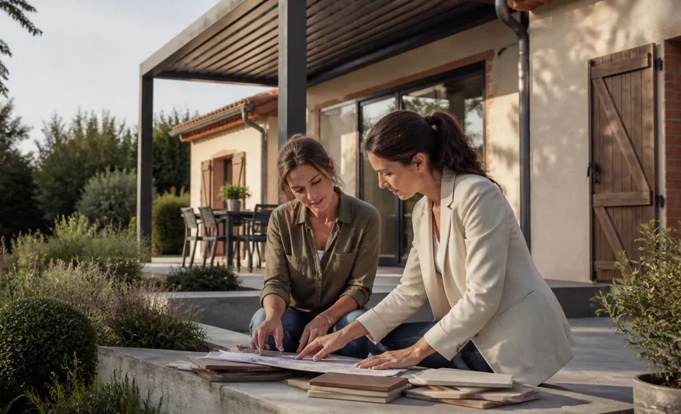 Une architecte et un propriétaire examinent une terrasse avec pergola devant une maison du sud-ouest entourée d'un jardin arboré