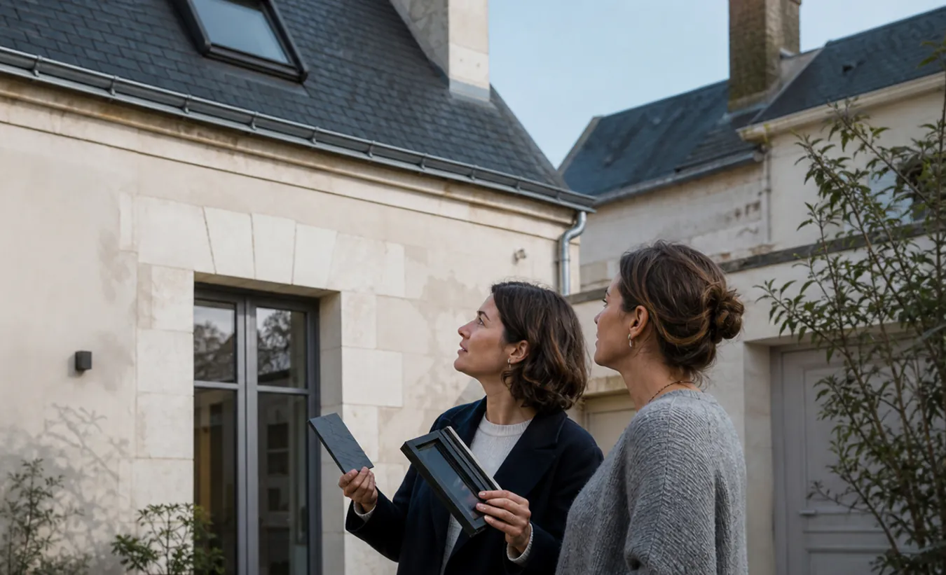 Une architecte montre une fenêtre encastrée dans la toiture d'ardoise d'une maison en pierre claire