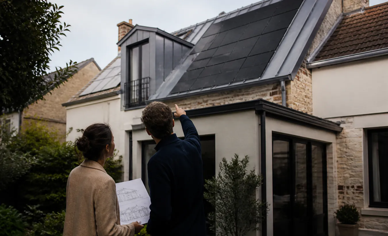 Un architecte et une propriétaire vérifient des panneaux solaires sur une maison francilienne en brique et enduit clair