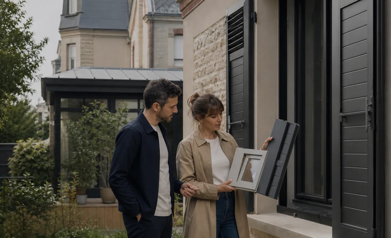 Un architecte et un propriétaire comparent des menuiseries devant une maison d'Île-de-France avec un jardin compact