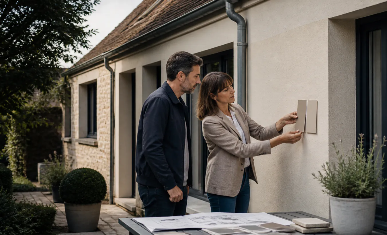 Un architecte et une propriétaire préparent le ravalement d'une maison privée aux matériaux régionaux sobres