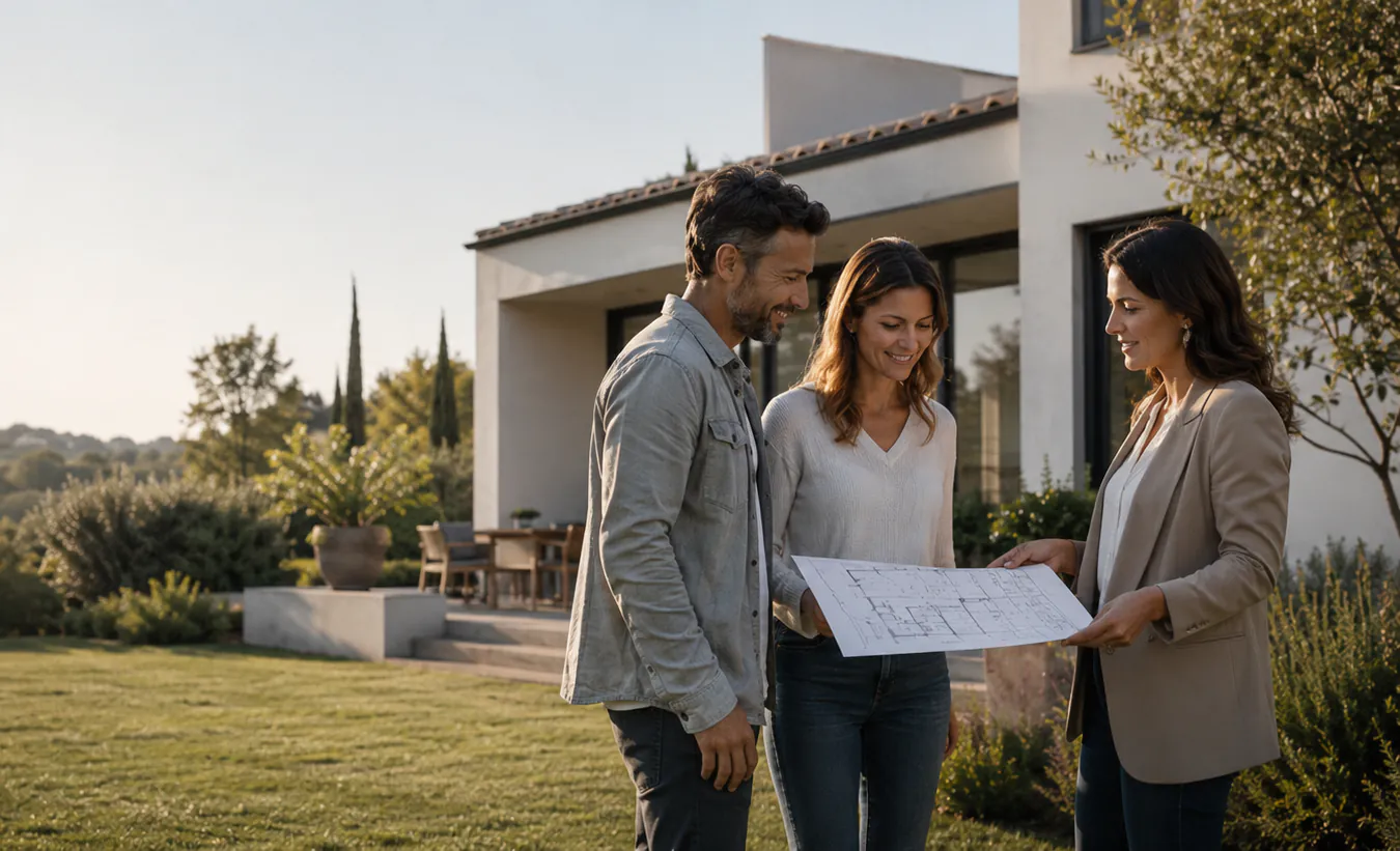 Un couple et une architecte examinent les plans d'un projet de travaux dans le jardin d'une maison