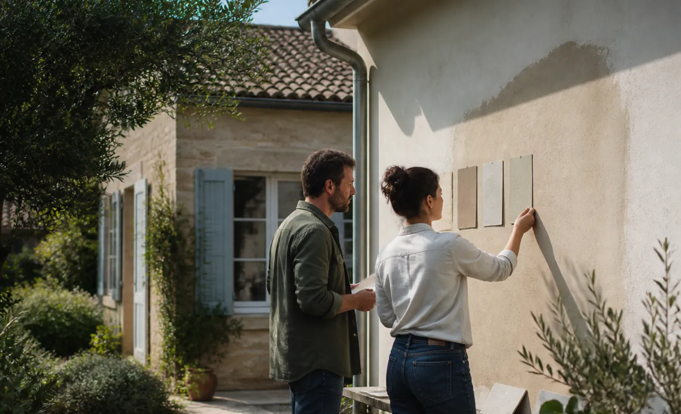 Un architecte et une propriétaire préparent le ravalement d'une maison de l'intérieur de la France en pierre et enduit clair