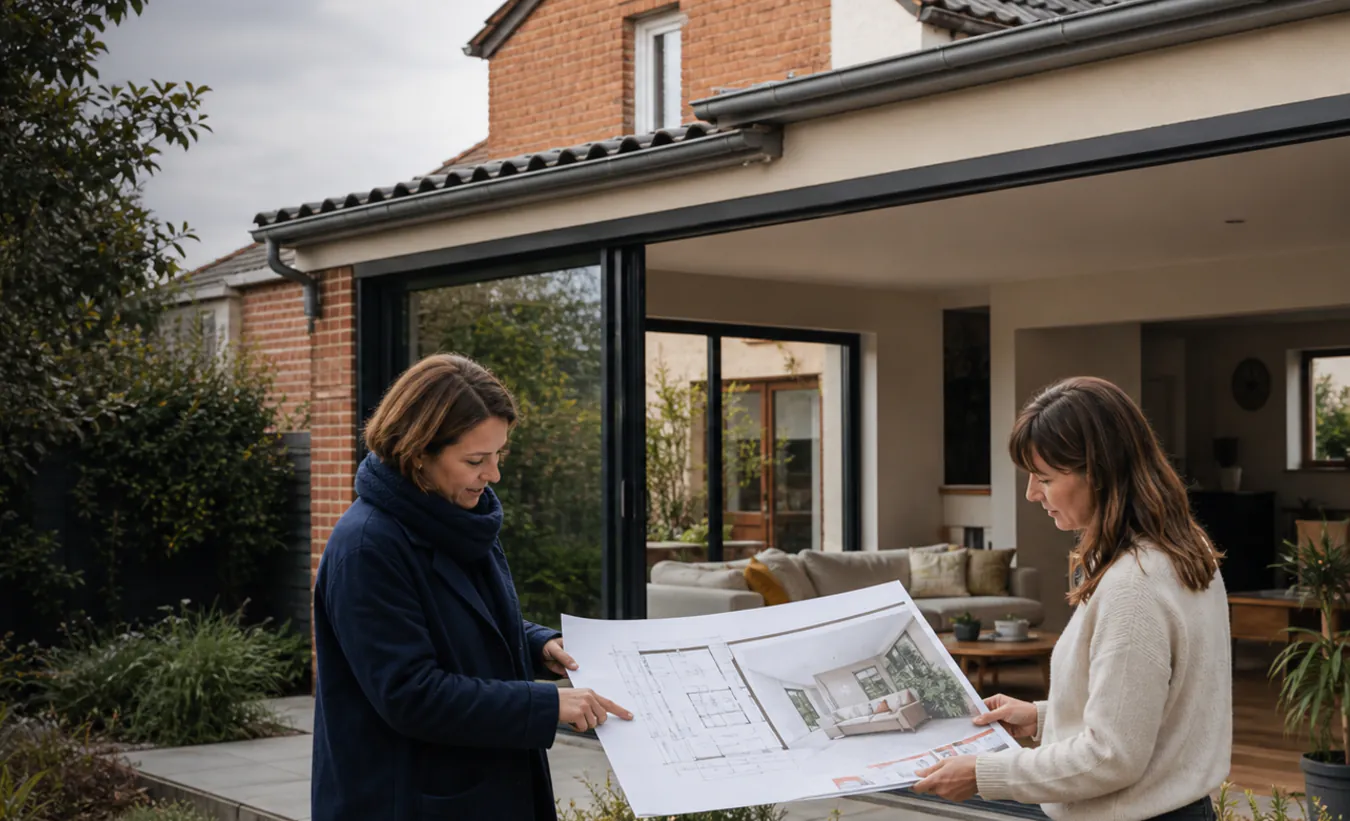 Une architecte et une propriétaire examinent la transformation d'un garage d'une maison du nord en brique et enduit clair