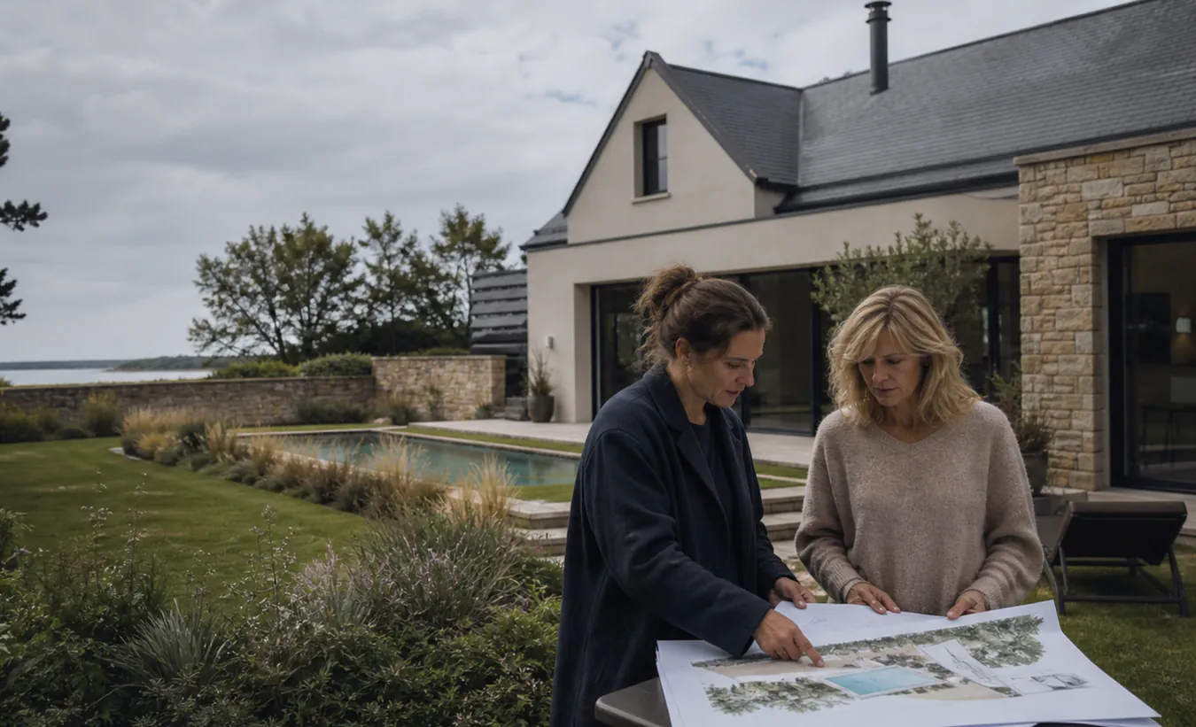 Une architecte et une propriétaire étudient une piscine dans le jardin d'une maison de l'ouest en pierre et ardoise