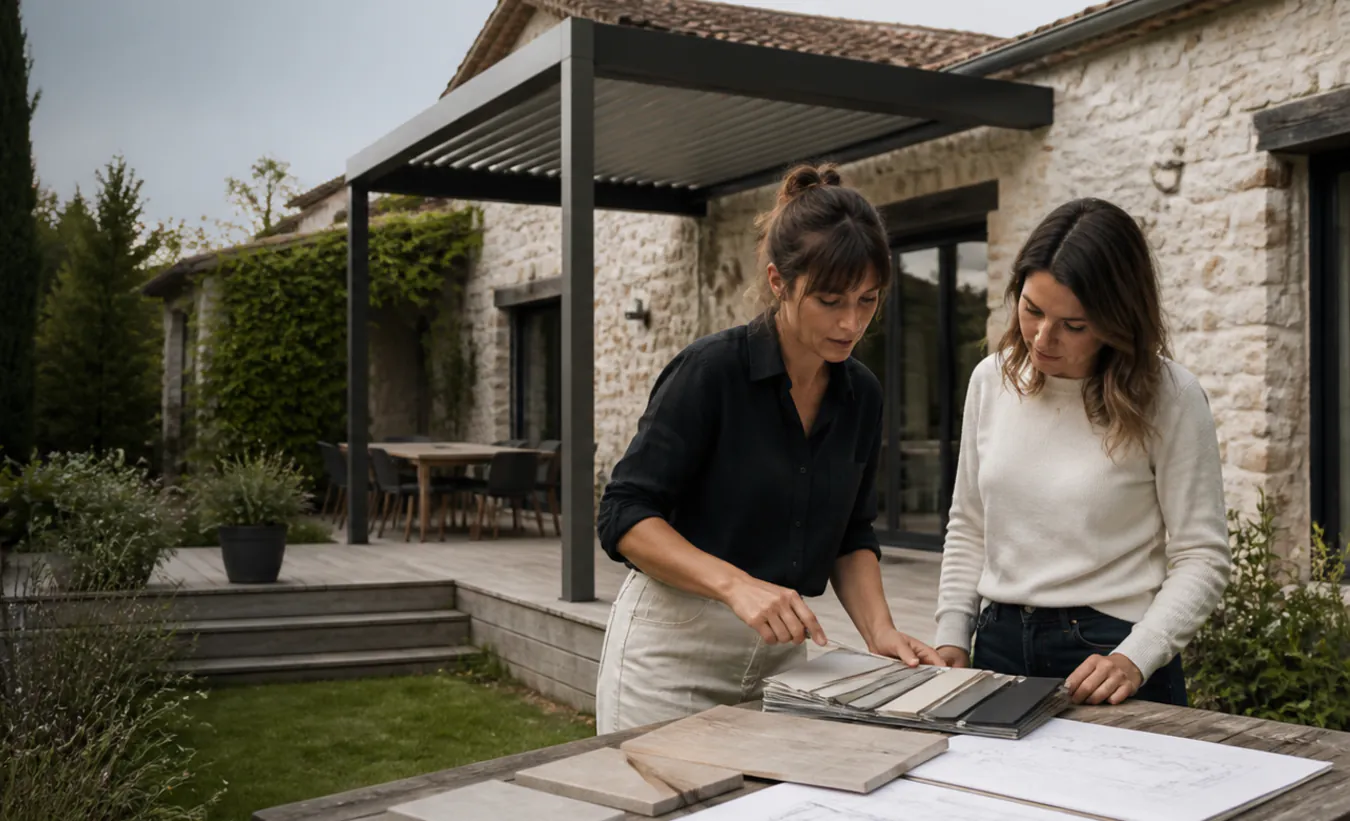 Une architecte et un propriétaire examinent une terrasse avec pergola devant une maison de l'intérieur de la France en pierre et enduit clair
