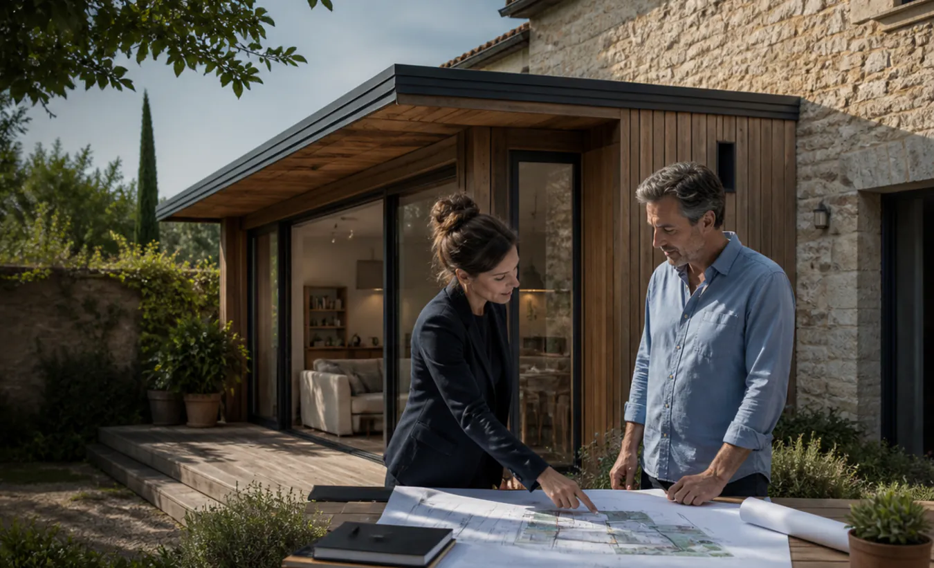 Une architecte et une propriétaire examinent une extension de maison française au jardin arboré