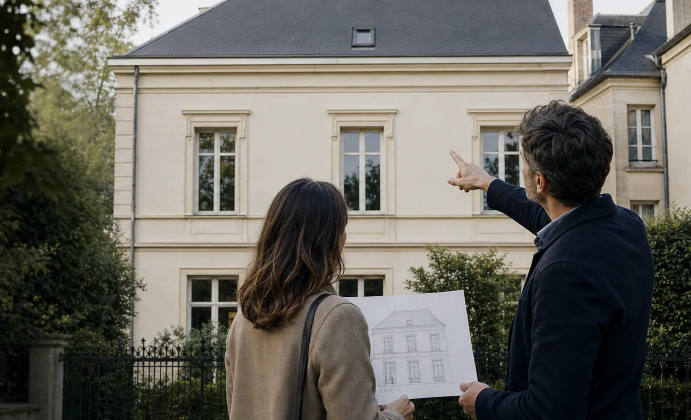 Une architecte montre une fenêtre encastrée dans la toiture d'une maison classique