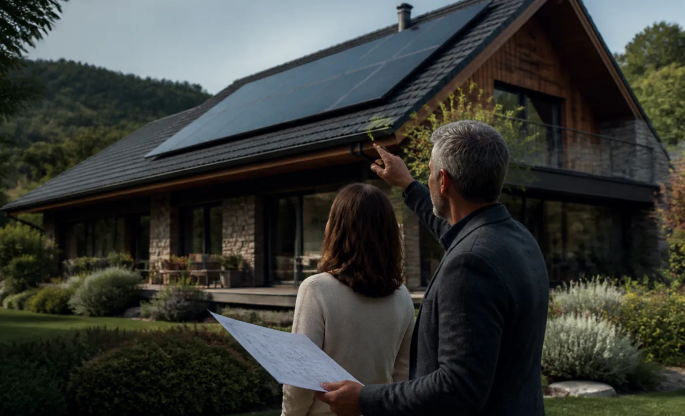 Un architecte et une propriétaire vérifient des panneaux solaires sur une maison des Alpes ou du Jura en pierre et bois
