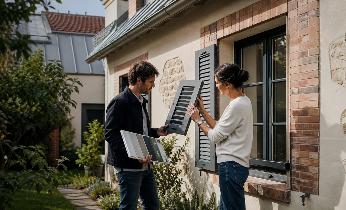 Un architecte et un propriétaire comparent des menuiseries devant une maison d'Île-de-France avec un jardin compact