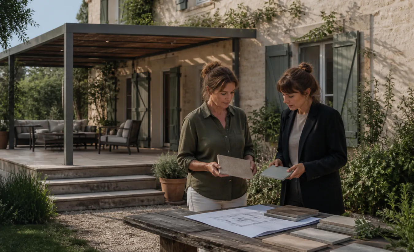 Une architecte et un propriétaire examinent une terrasse avec pergola devant une maison de l'intérieur de la France en pierre et enduit clair