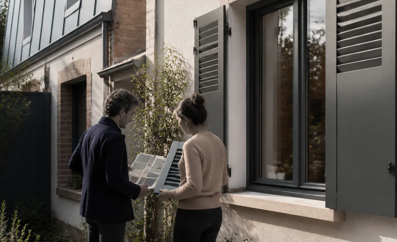 Un architecte et un propriétaire comparent des menuiseries devant une maison francilienne en brique et enduit clair