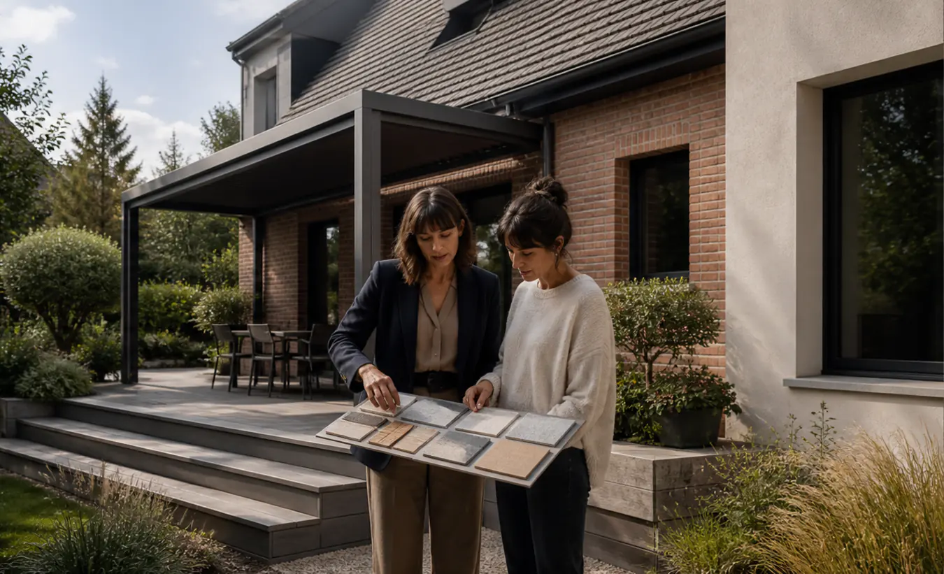 Une architecte et un propriétaire examinent une terrasse avec pergola devant une maison du nord de la France au toit pentu