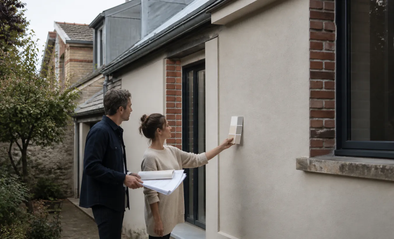 Un architecte et une propriétaire préparent le ravalement d'une maison d'Île-de-France avec un jardin compact