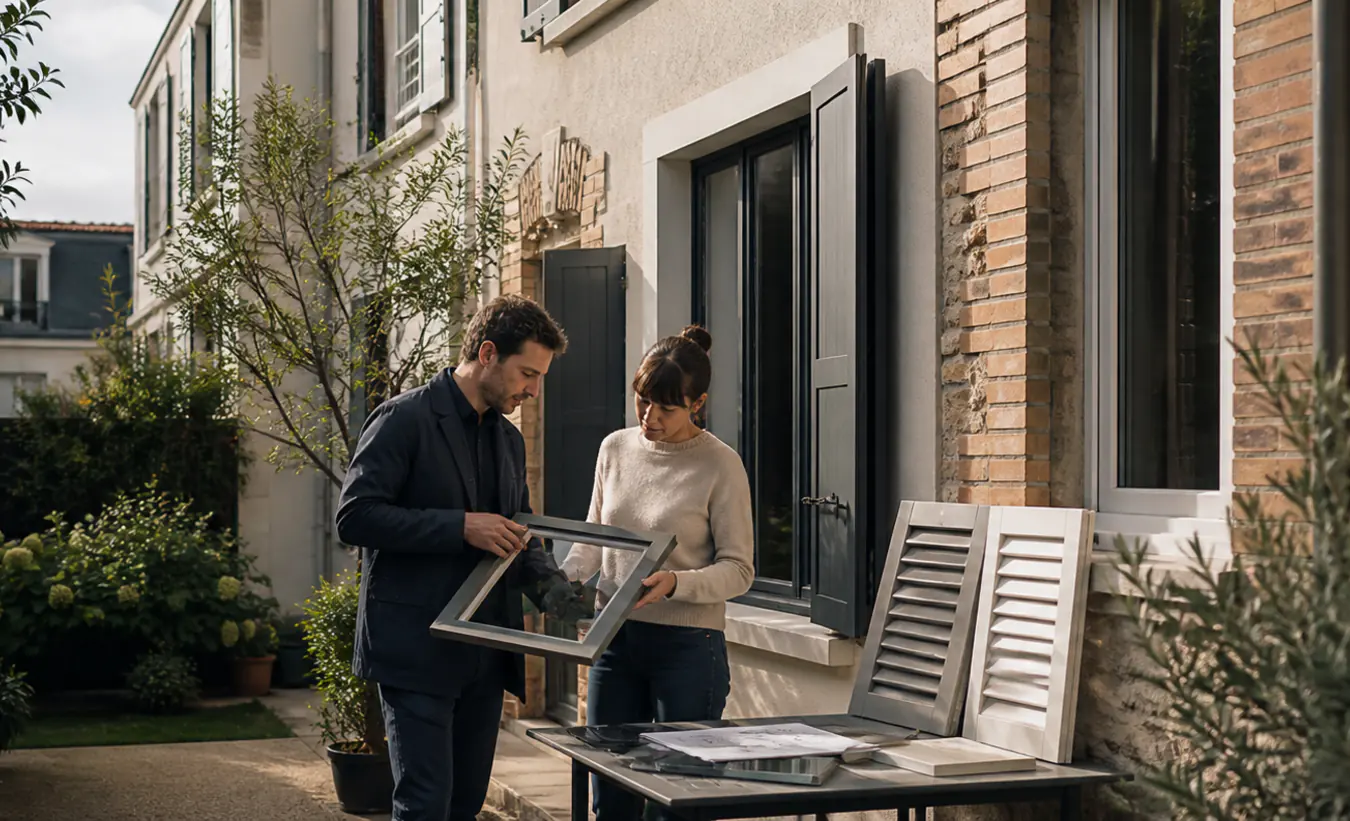 Un architecte et un propriétaire comparent des menuiseries devant une maison francilienne en brique et enduit clair