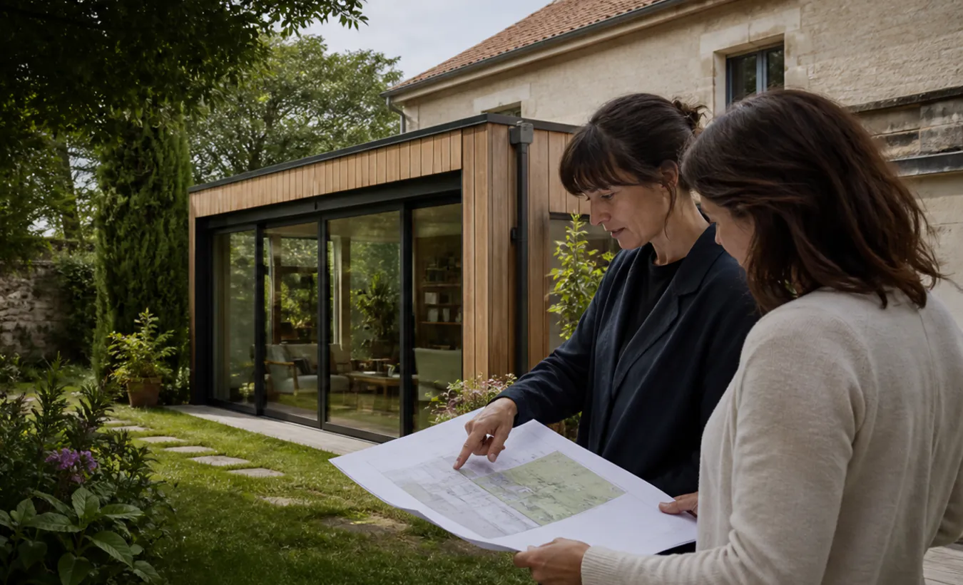 Une architecte et une propriétaire examinent une extension de maison française au jardin arboré