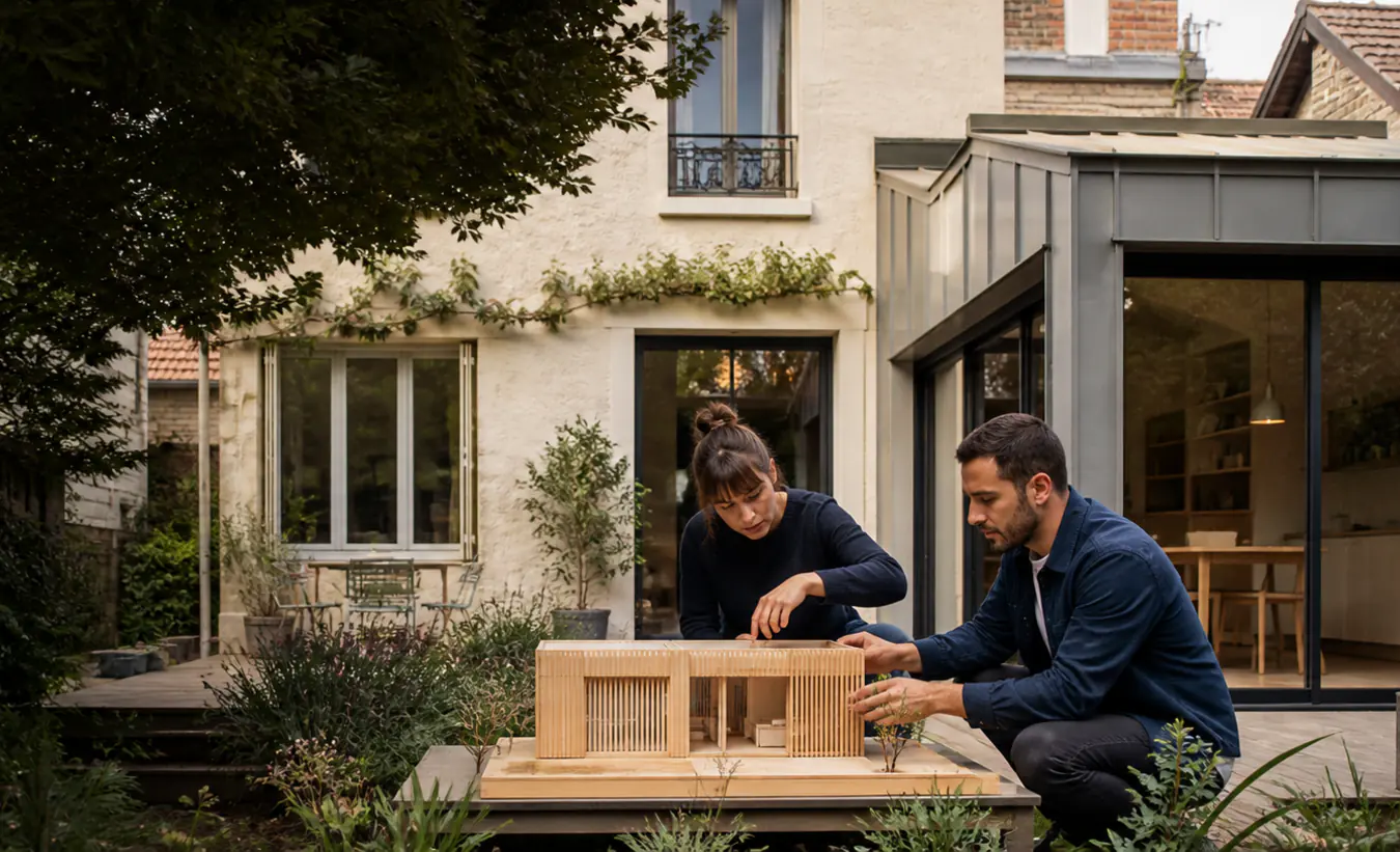 Une architecte et une propriétaire positionnent un abri de jardin près d'une maison francilienne en brique et enduit clair