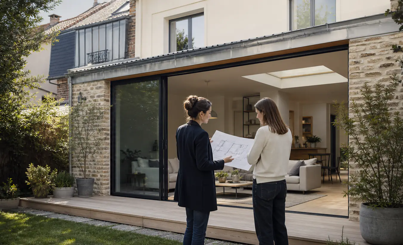 Une architecte et une propriétaire examinent la transformation d'un garage d'une maison francilienne en brique et enduit clair