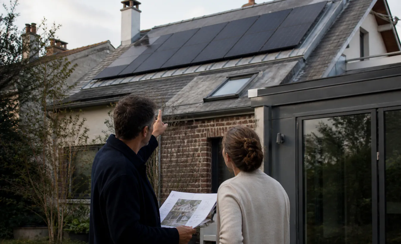 Un architecte et une propriétaire vérifient des panneaux solaires sur une maison francilienne en brique et enduit clair