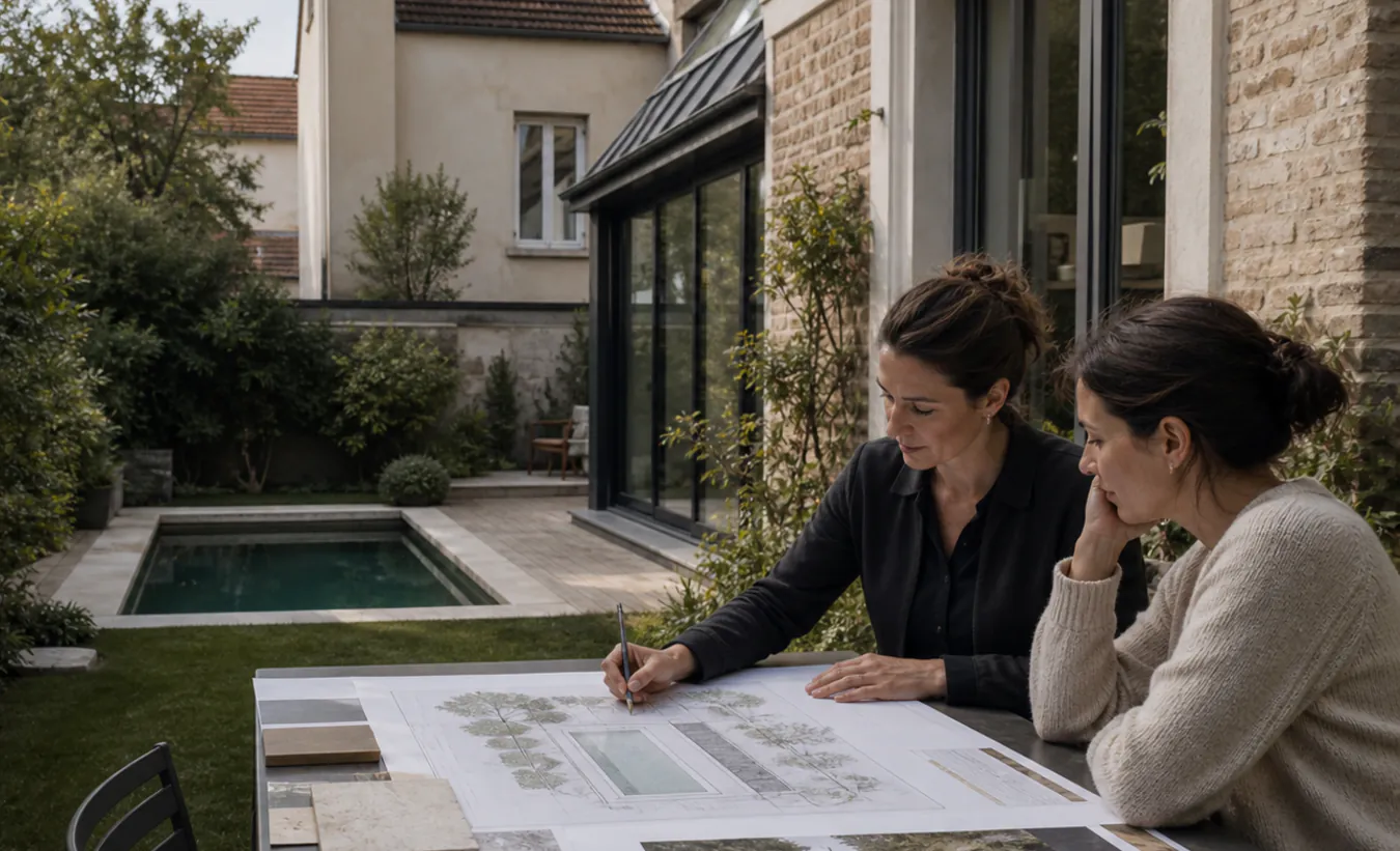 Une architecte et une propriétaire étudient une piscine dans le jardin d'une maison francilienne en brique et enduit clair
