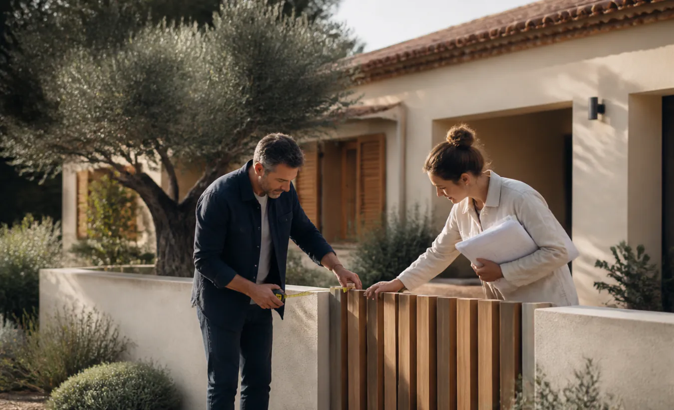 Un architecte et une propriétaire mesurent un projet de clôture devant une maison du sud de la France au jardin minéral