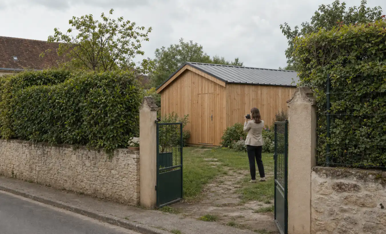 Une professionnelle photographie un abri de jardin en bois visible depuis le portail d'une maison française