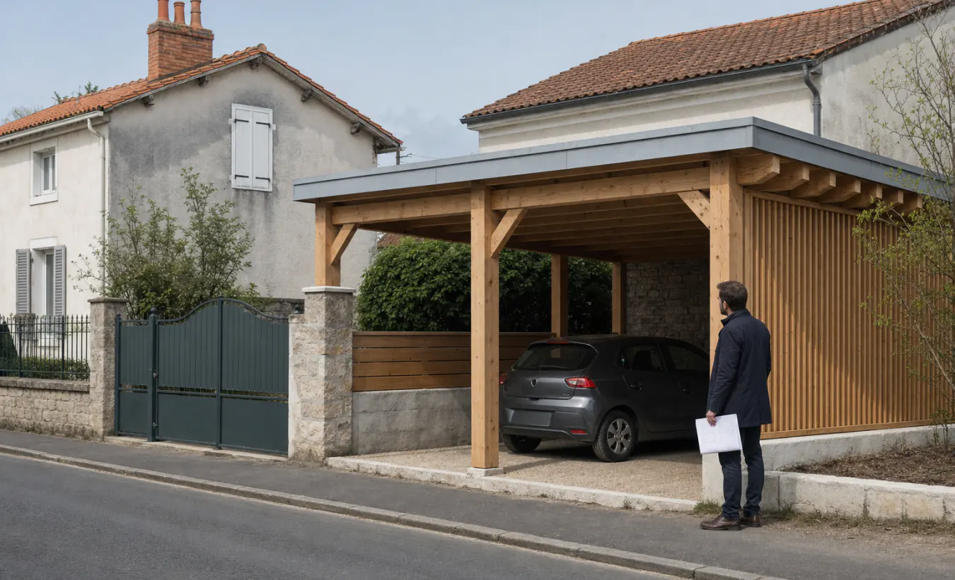 Un professionnel vérifie un carport en bois visible depuis la rue devant une maison française