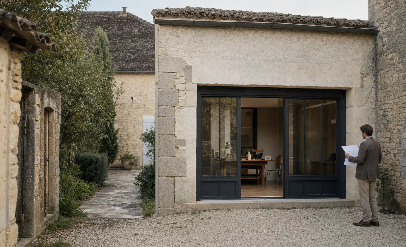 Un professionnel compare un plan à un ancien garage transformé en pièce habitable dans une cour française