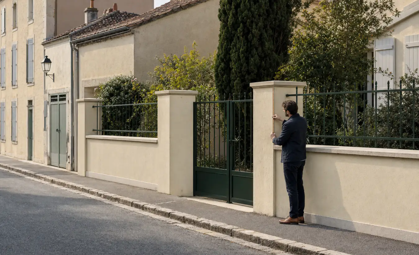 Un urbaniste mesure un pilier devant un mur de clôture et un portail dans une rue française