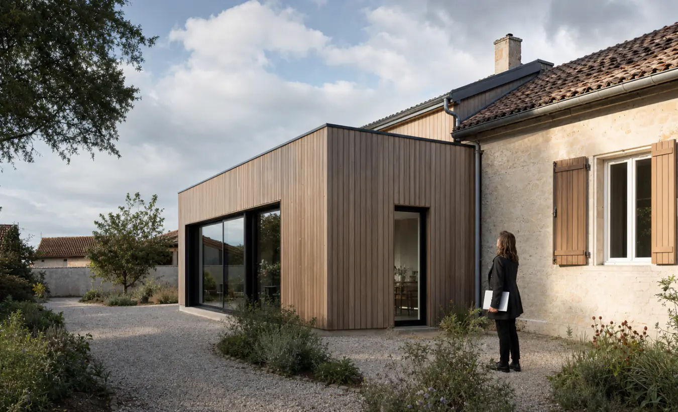 Une professionnelle observe une extension en bois accolée à une maison française en pierre