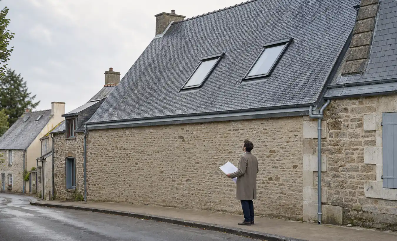 Un professionnel vérifie deux fenêtres de toit sur une maison en pierre dans une rue française