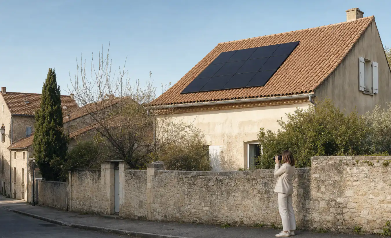 Une professionnelle photographie des panneaux solaires installés sur le toit en tuiles d'une maison française